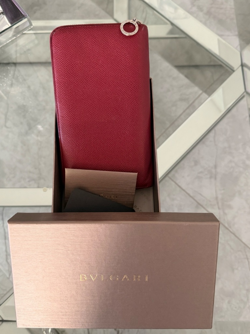 Bvlgari Burgundy Leather Zip Around Long Wallet Silver Hardware